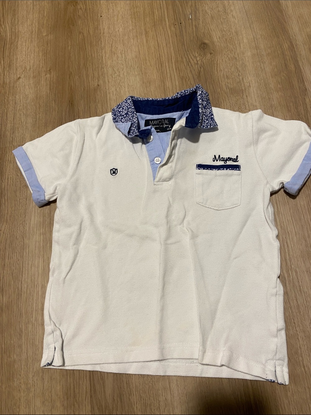 Mayoral White Polo with Blue Accents and Patterned Collar